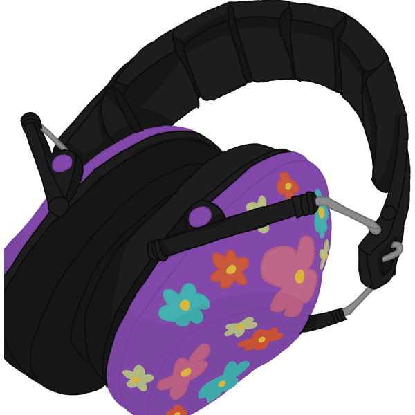 a pair of purple ear defenders with a black headband and black cushions. It has multicolor floral designs on it.